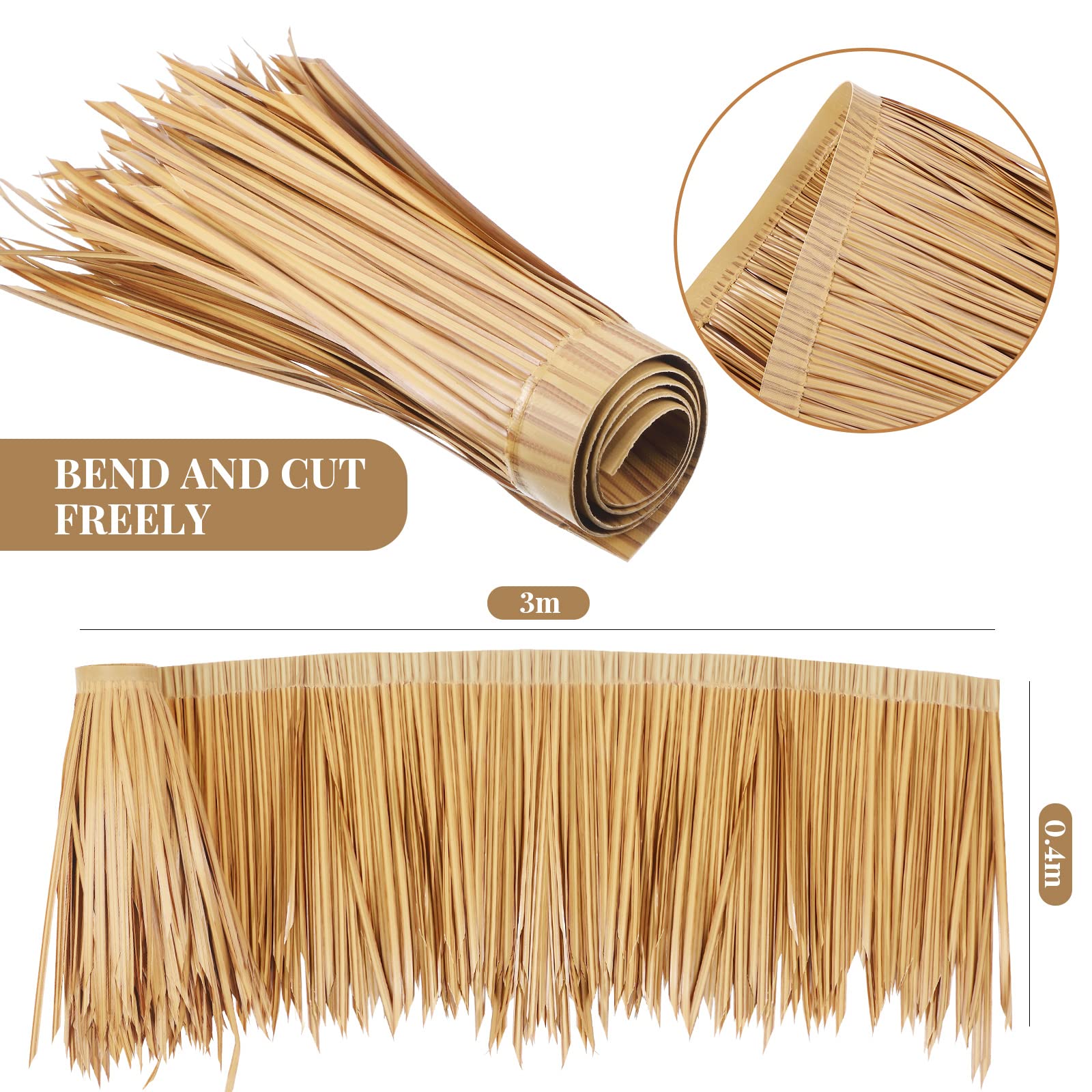 Woanger close-up of PE thatch texture highlighting realistic look and durability benefit