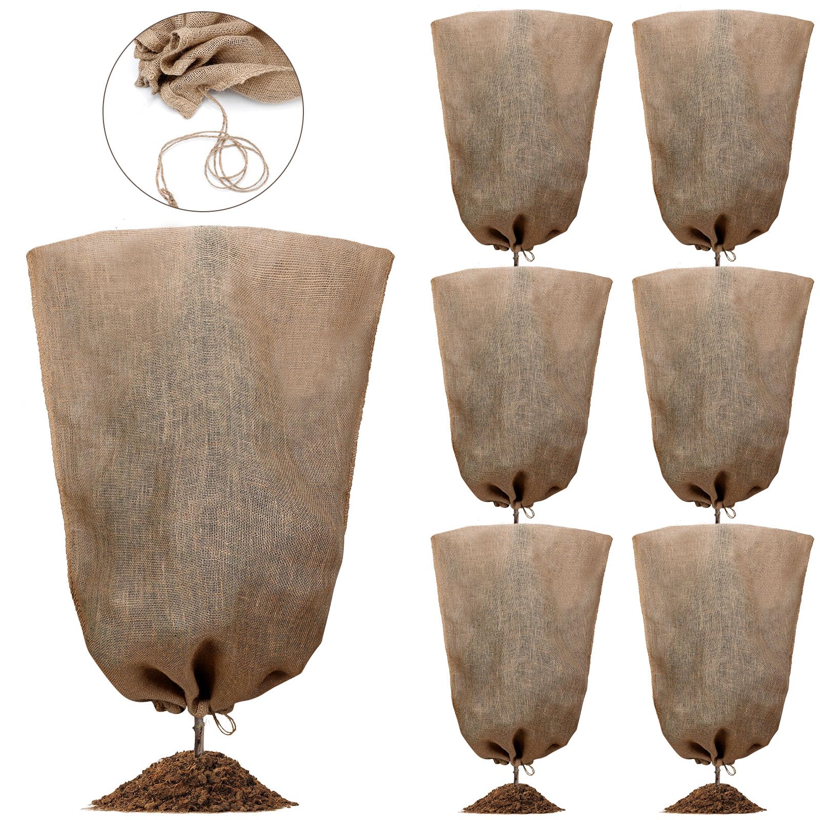 Woanger front view of 12-pack burlap plant covers showing rustic protection