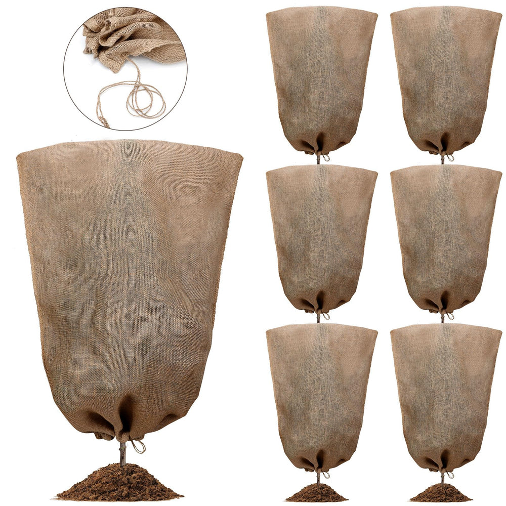 Woanger front view of 12-pack burlap plant covers showing rustic protection