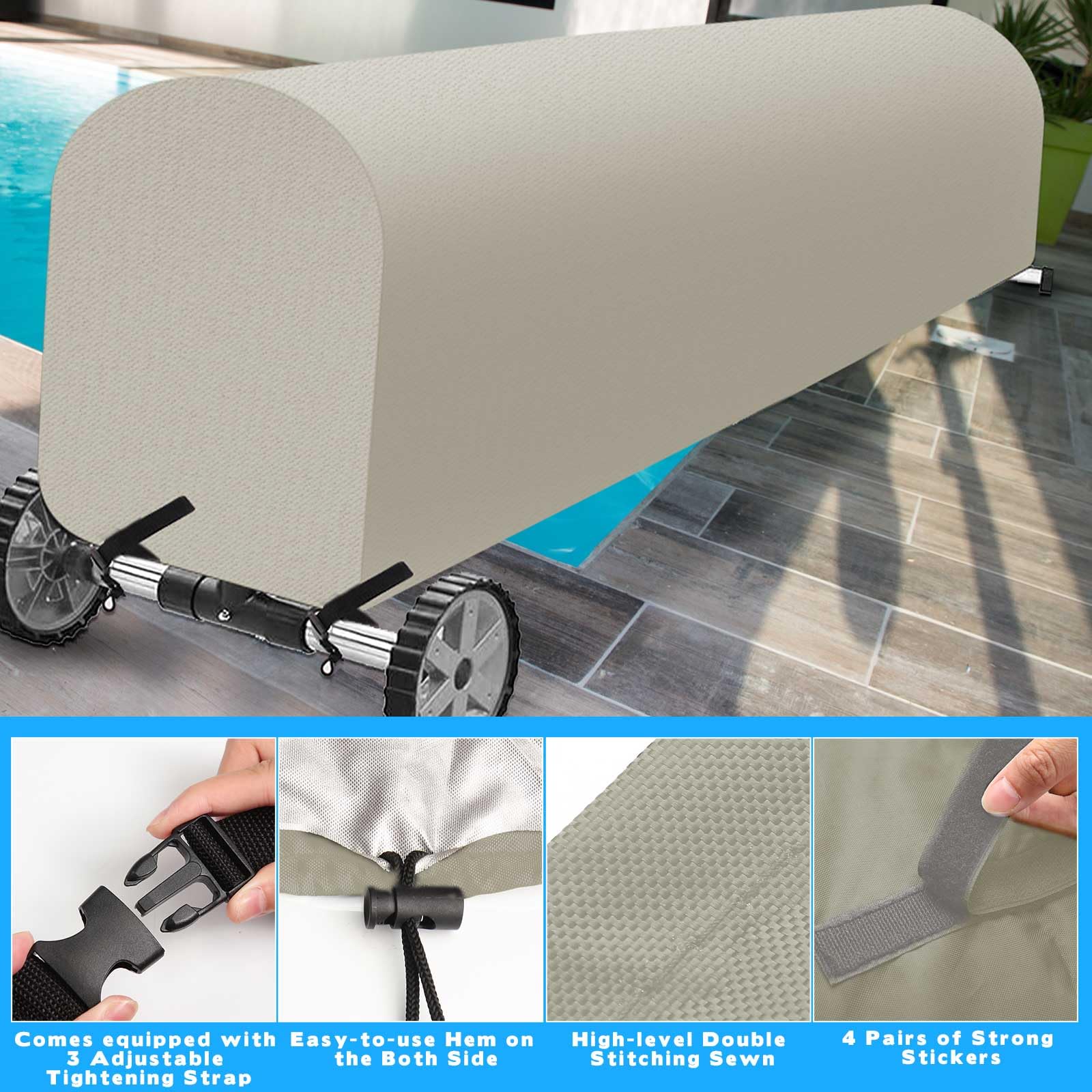 Woanger cover in use on a pool reel protecting blanket from debris