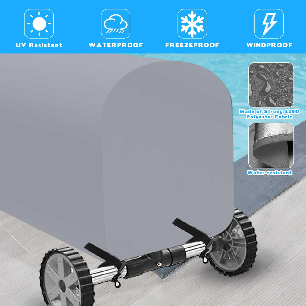 Woanger cover fitted on a pool solar reel showing secure weather shield