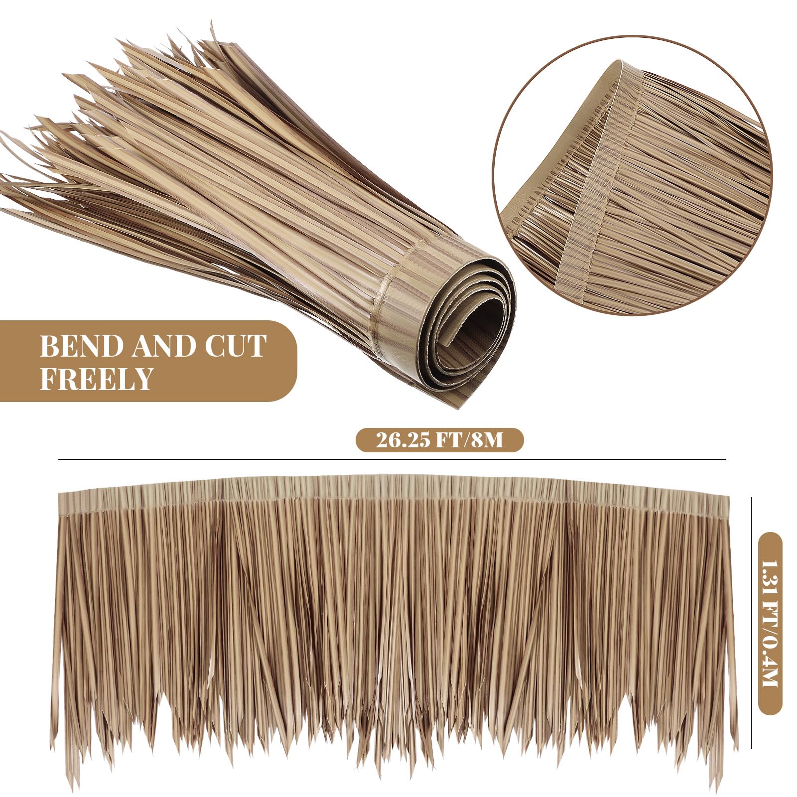 woanger close-up of PE thatch texture highlighting realistic look and low maintenance