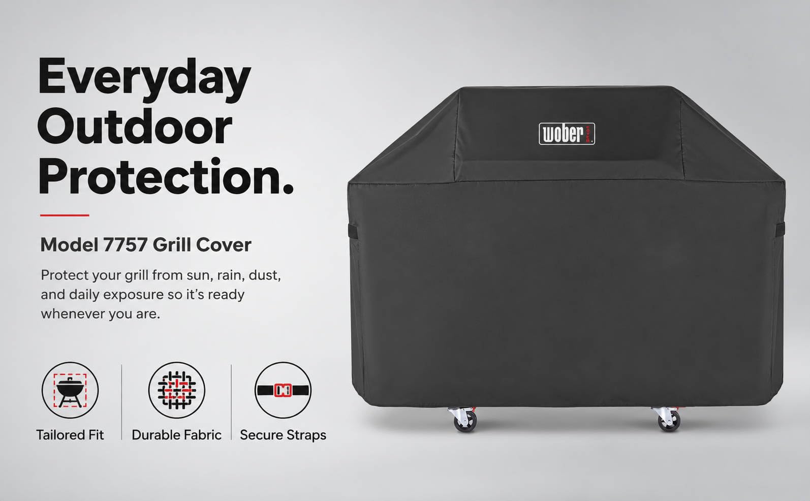 WOBER COVER on backyard grill protecting from rain and sun for outdoor longevity