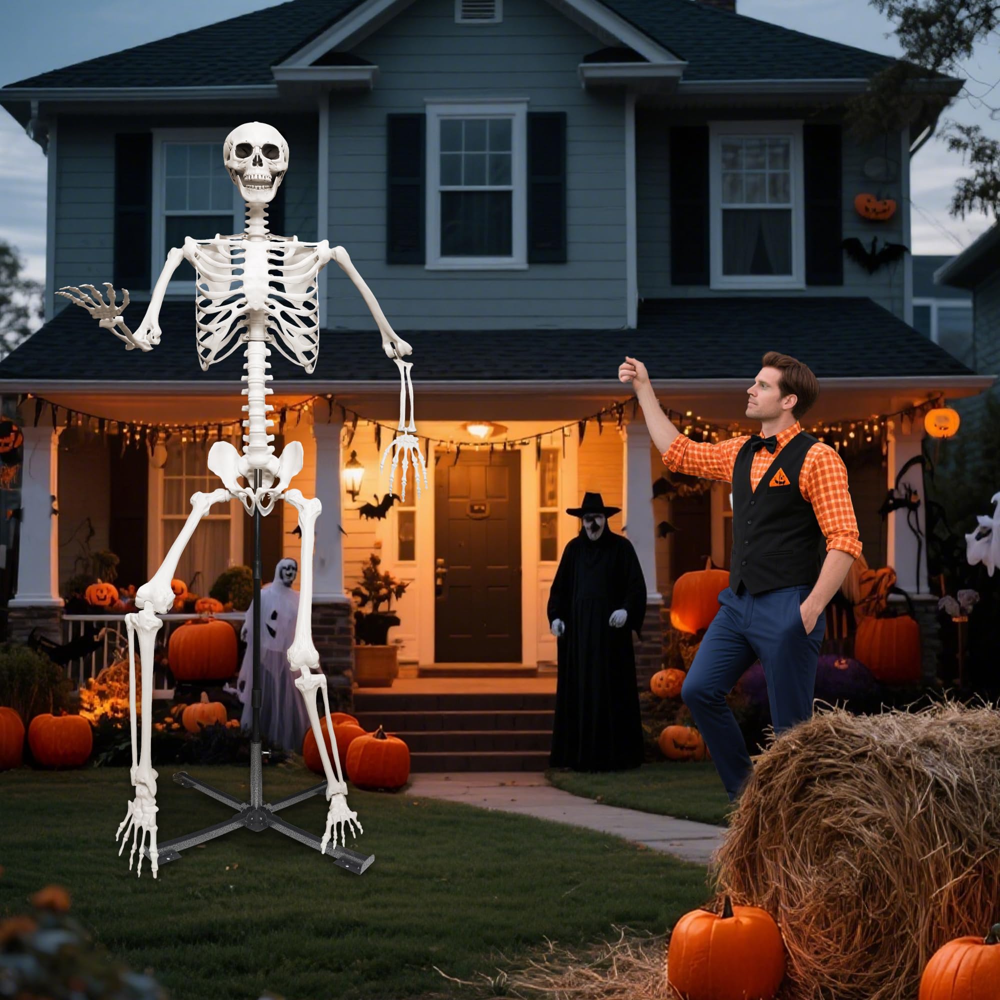 Wocst skeleton beside fence showing scale and dramatic height for yard displays