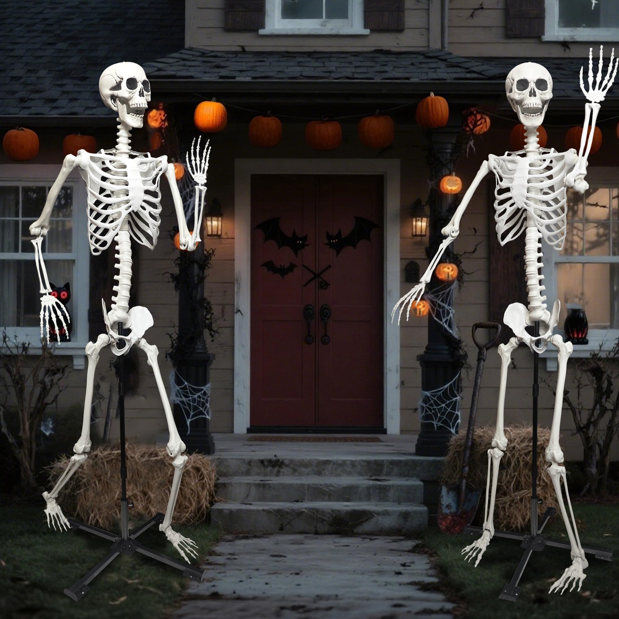 Wocst skeleton in front yard haunted-house scene showing spooky party decoration