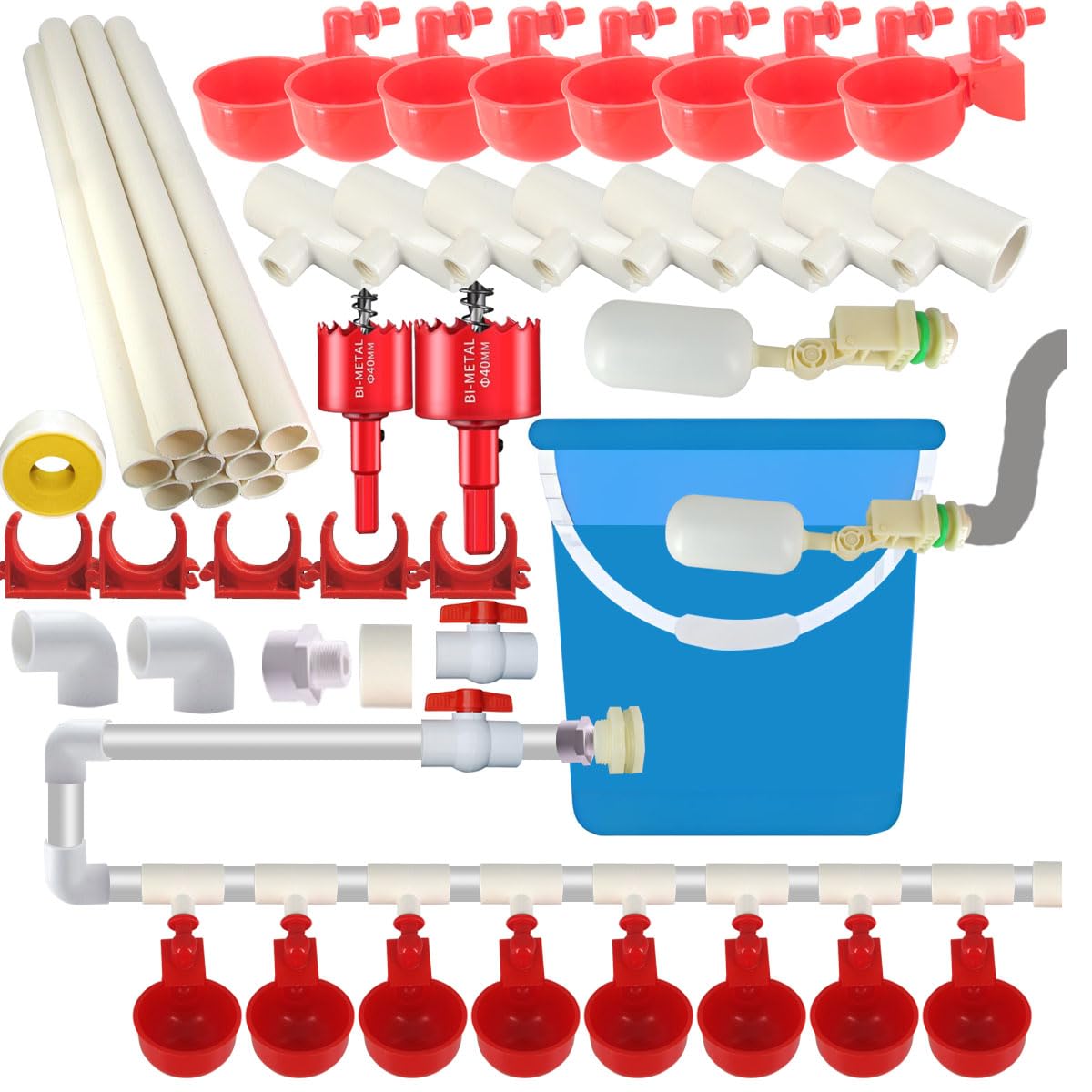 WODERIC front packaging showing complete poultry waterer kit and parts benefits