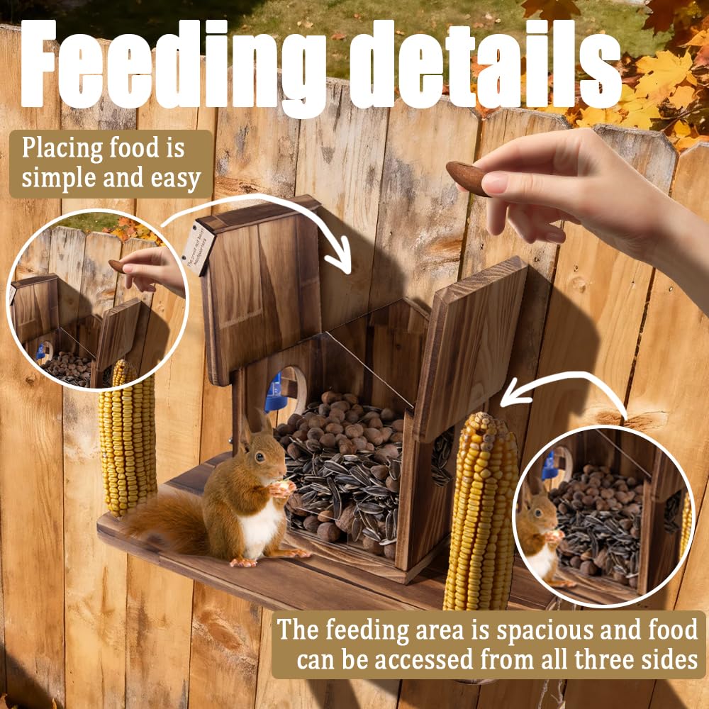 WodGod feeder stools and water tray detail for comfortable squirrel feeding