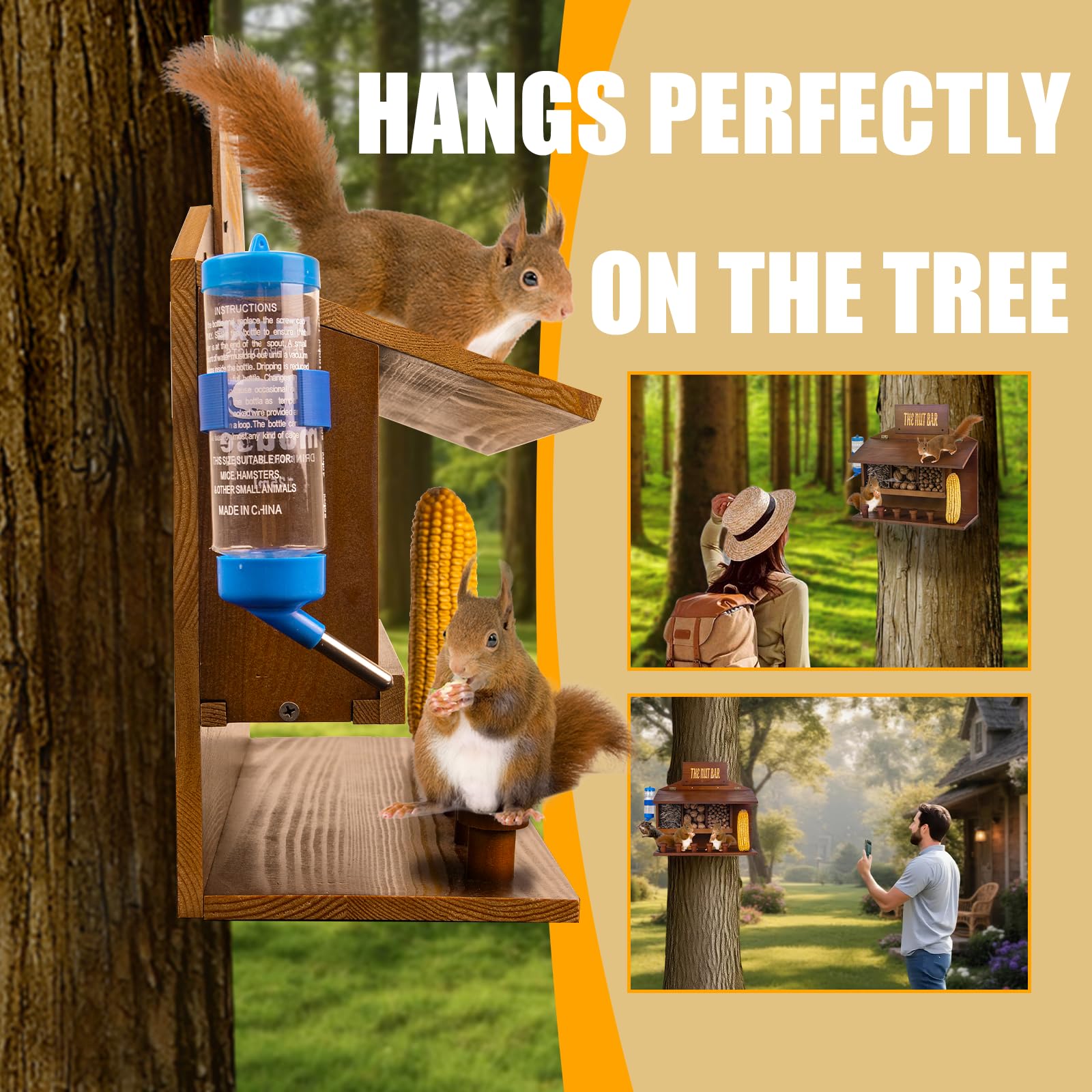 WodGod lifestyle shot with squirrels using the feeder illustrating entertaining backyard wildlife viewing
