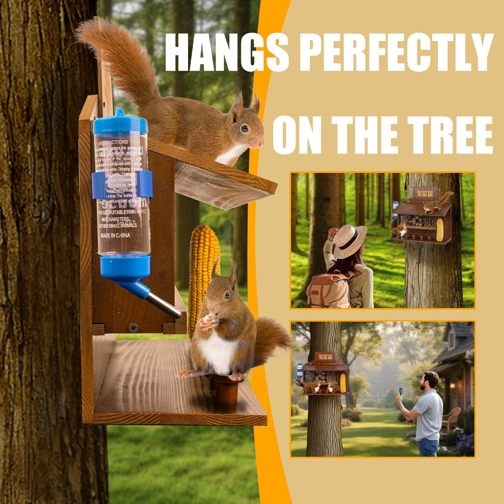 WodGod lifestyle shot with squirrels using the feeder illustrating entertaining backyard wildlife viewing