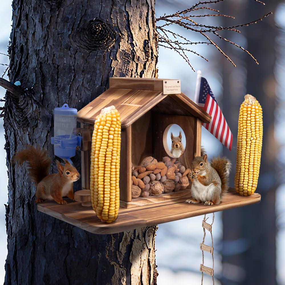 WodGod feeder in a garden setting with squirrels showing natural interaction benefit