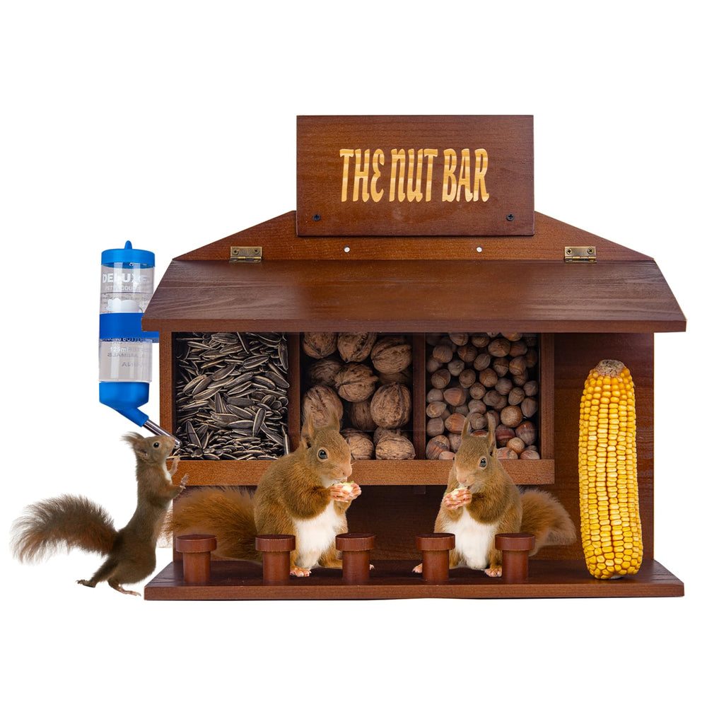 WodGod front view of wooden squirrel picnic table feeder showing compartments and stools for easy feeding