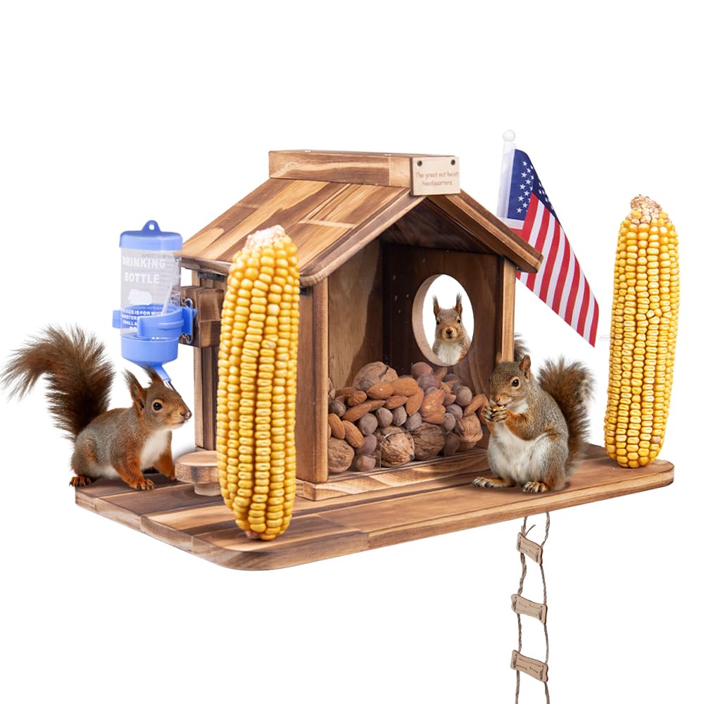 WodGod wooden squirrel feeder front view showing picnic style and shelter benefit