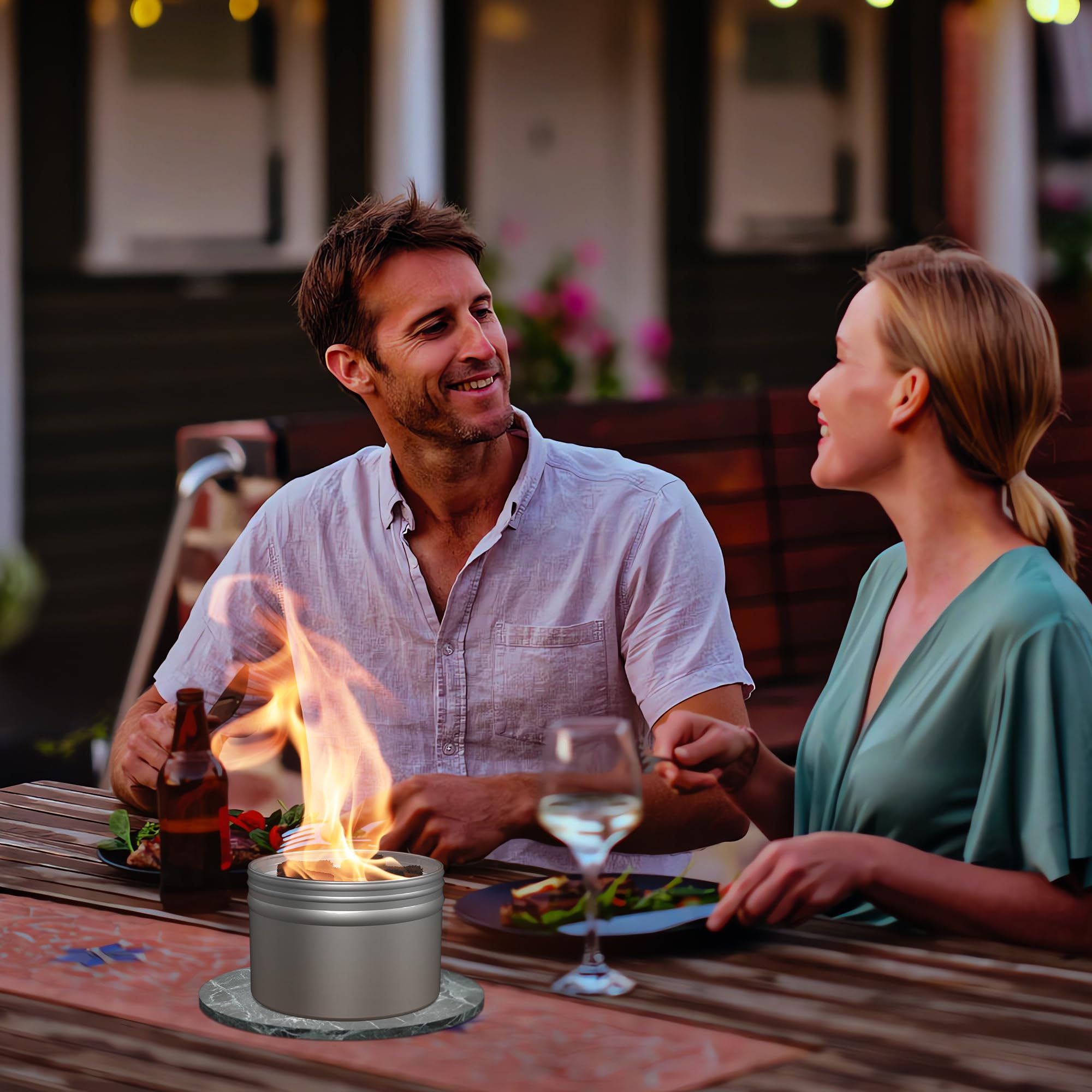 WOEHOL campfire on picnic table at dusk creating cozy group atmosphere