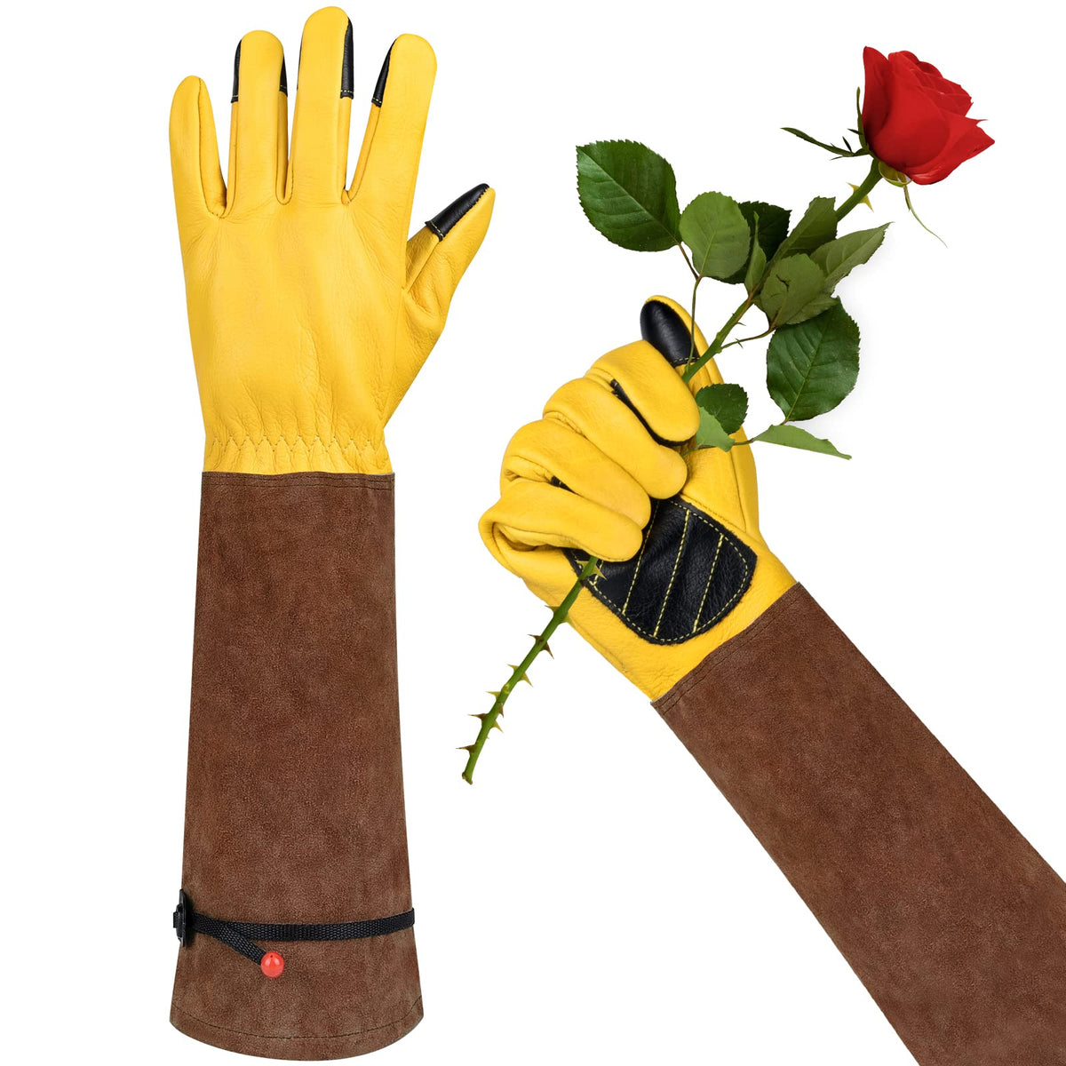 WOHEER front view of gloves showing long cuff and secure fit for thorn protection