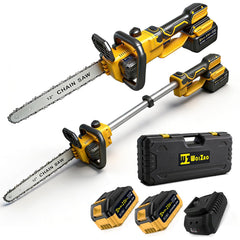 WOIZAO front view of cordless 12-inch chainsaw kit showing compact portable design and benefits