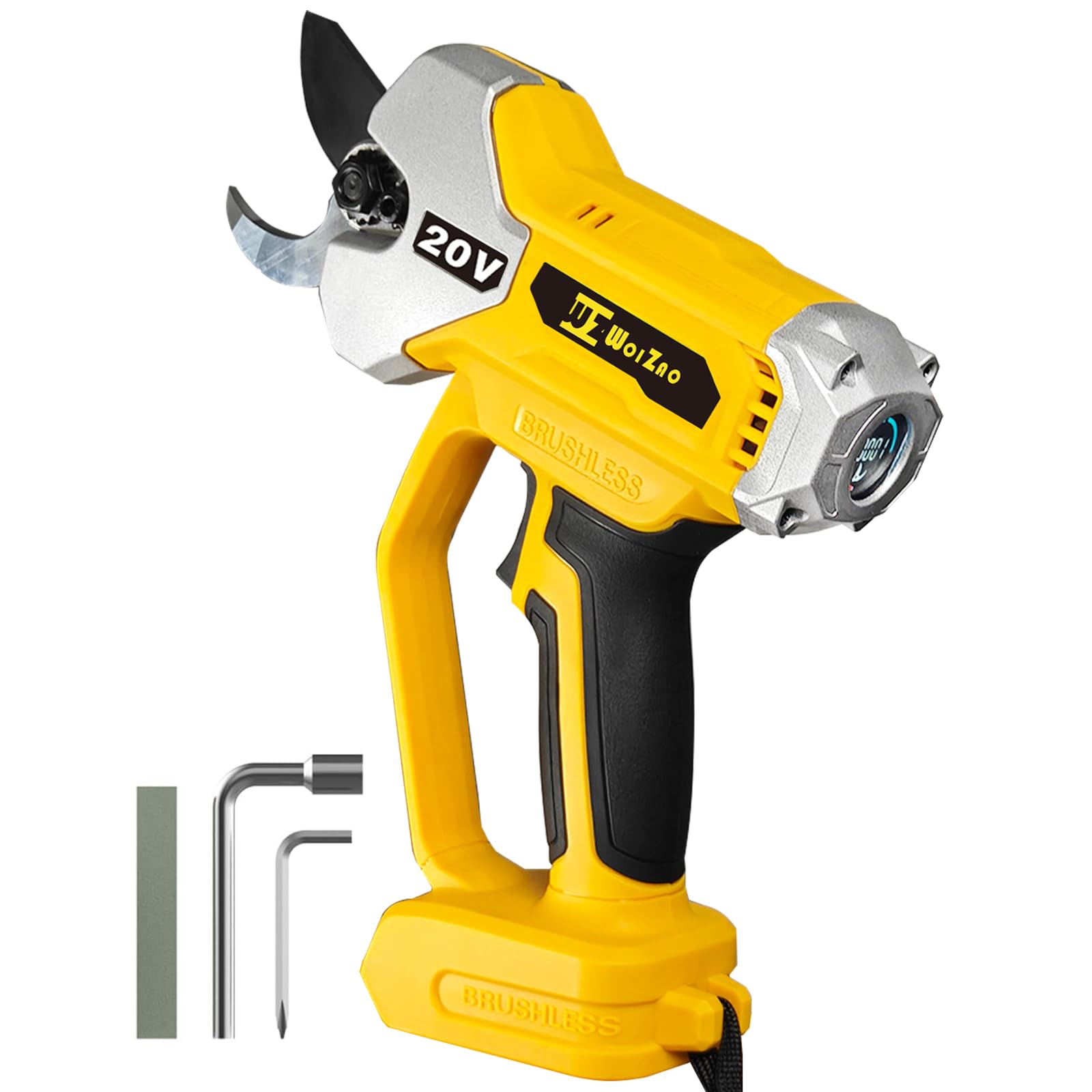 WOIZAO front view with DeWalt battery attached showing compatibility and convenience