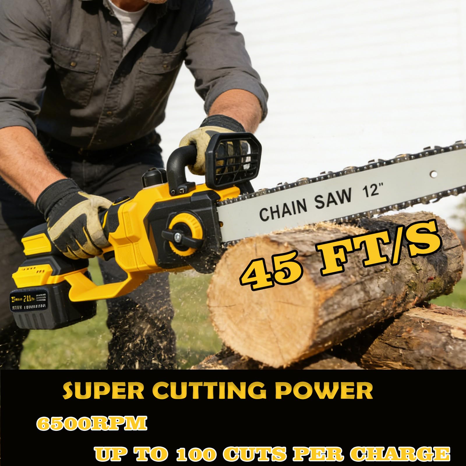 WOIZAO cordless pole saw cutting an overhead branch demonstrating ladder-free pruning