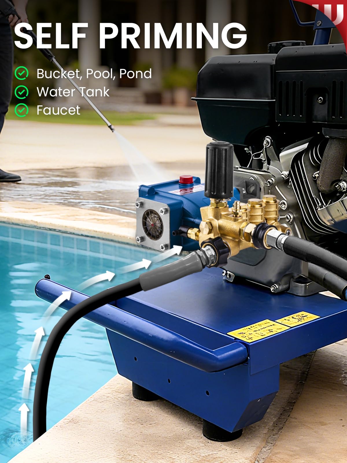 WOJET oil-filled crankcase side view showing pre-filled convenience and leak protection