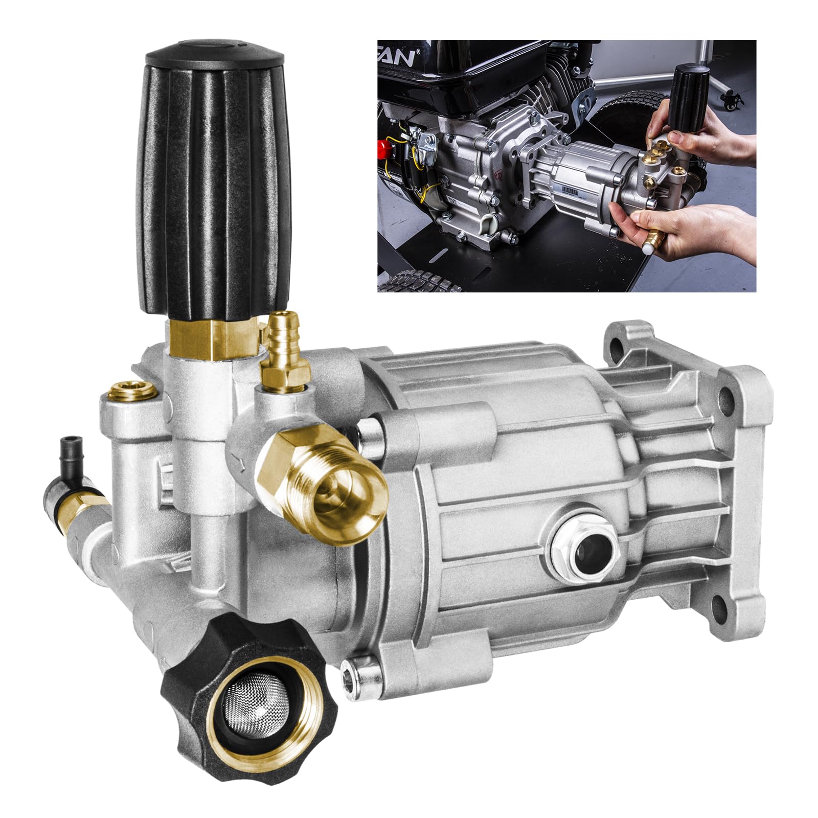 WOJET pressure washer pump front view showing mounting and durable construction benefits