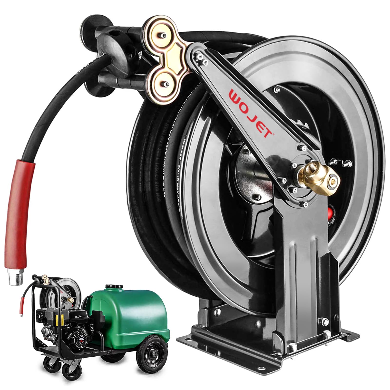 WOJET front view of reel shows heavy-duty build and space-saving design benefit