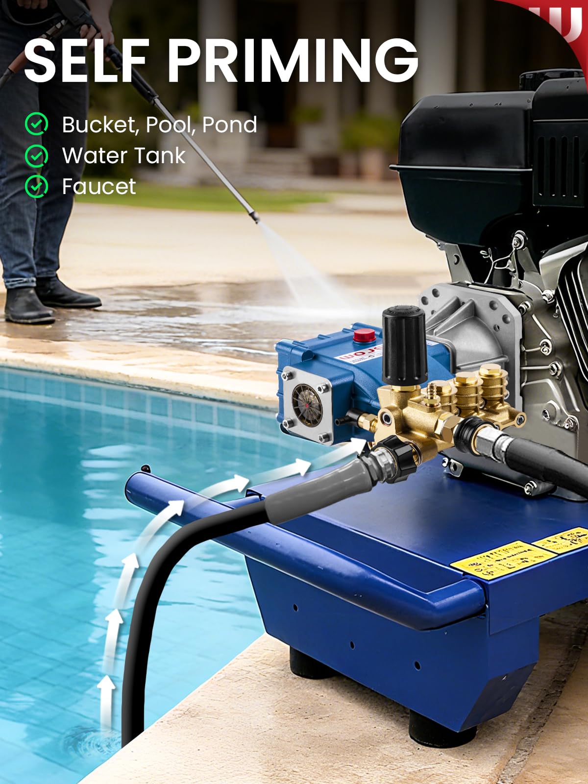 WOJET pump beside ruler showing 1 inch shaft and mounting scale reference