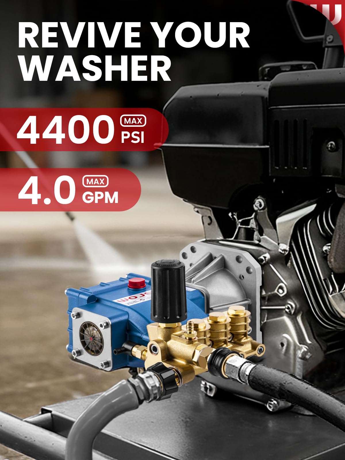WOJET closeup of brass pump head and polished ceramic pistons for durability