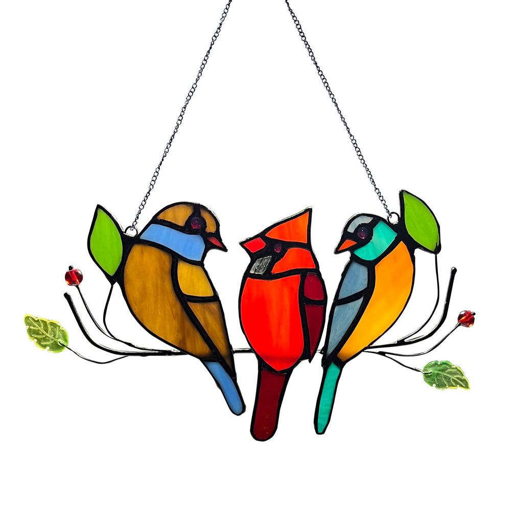 WOJIANA front view stained glass panel showing three cardinals and vivid colors, adds cheerful light