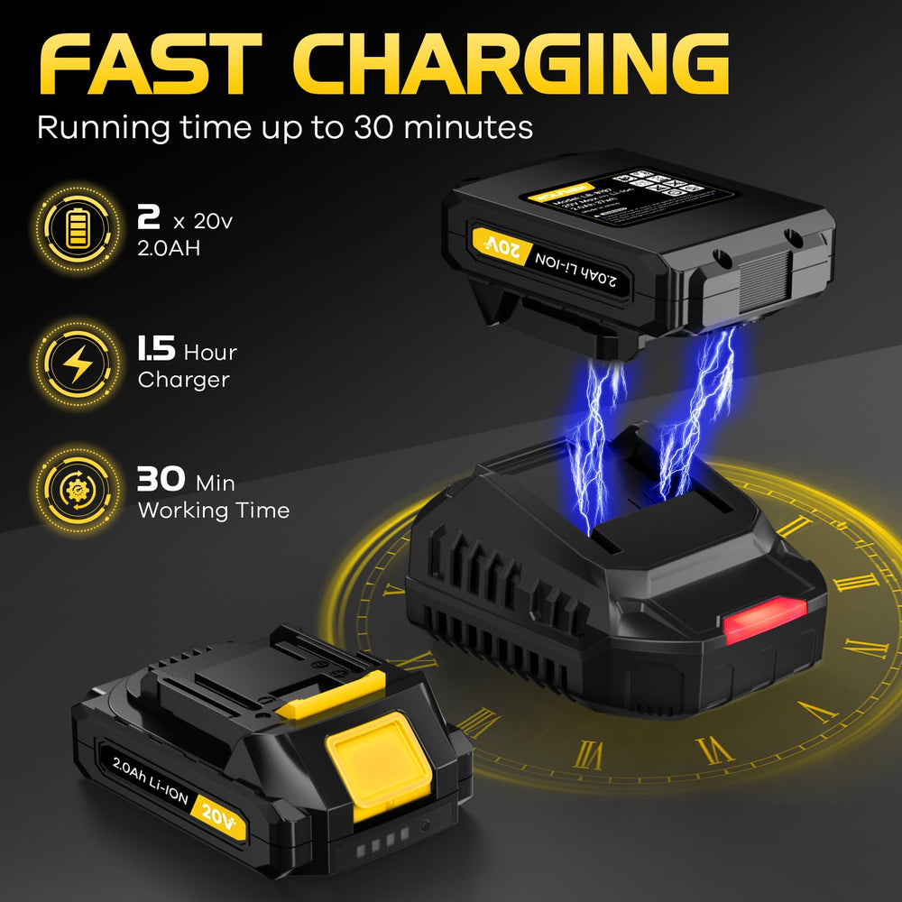 WOLFMEN two batteries with charger showing long runtime and quick swap