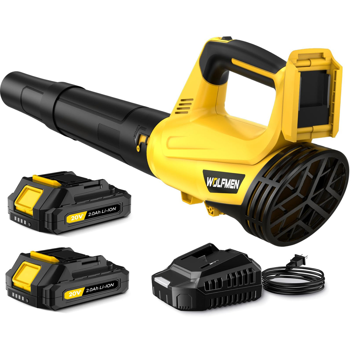 WOLFMEN blower front view showing compact design and fast cleanup benefit