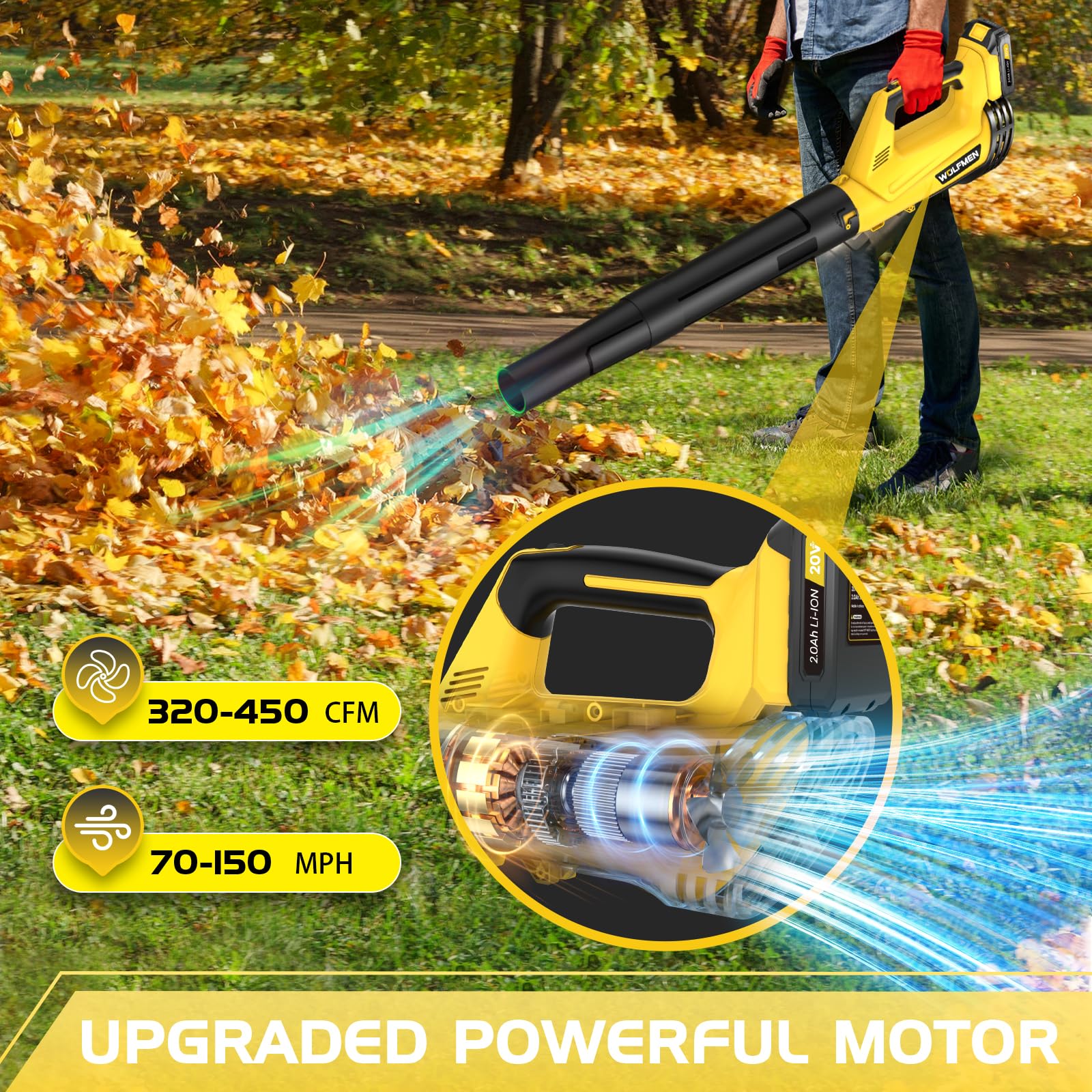 WOLFMEN blower in use on a lawn illustrating powerful leaf clearing