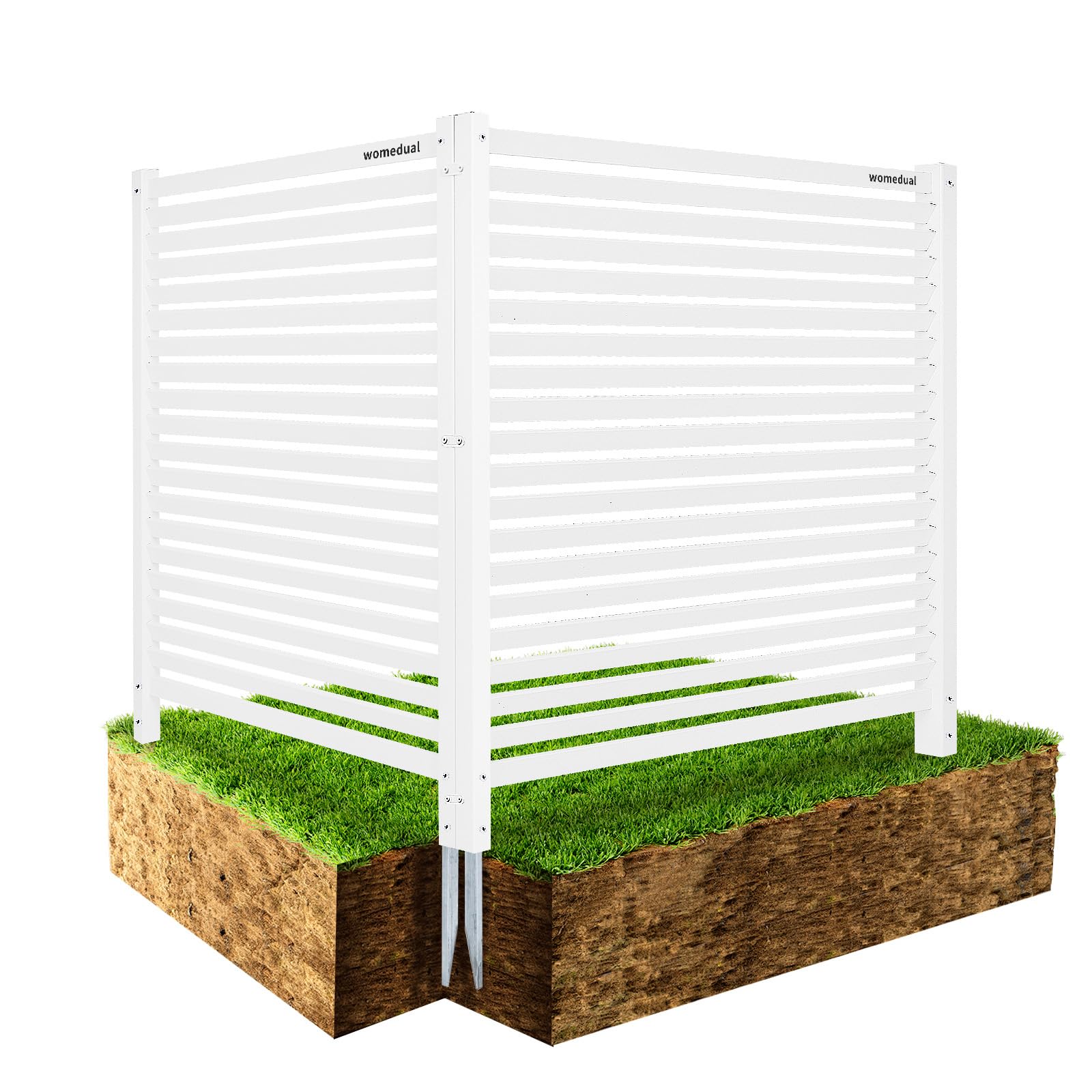 WOMEDUAL front view installed white vinyl fence conceals equipment and improves curb appeal