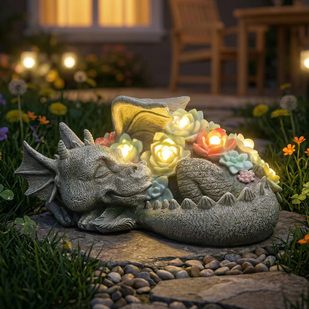 WONDER GARDEN front view of sleeping dragon statue, whimsical curb appeal