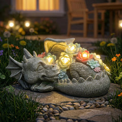 WONDER GARDEN front view of sleeping dragon statue, whimsical curb appeal