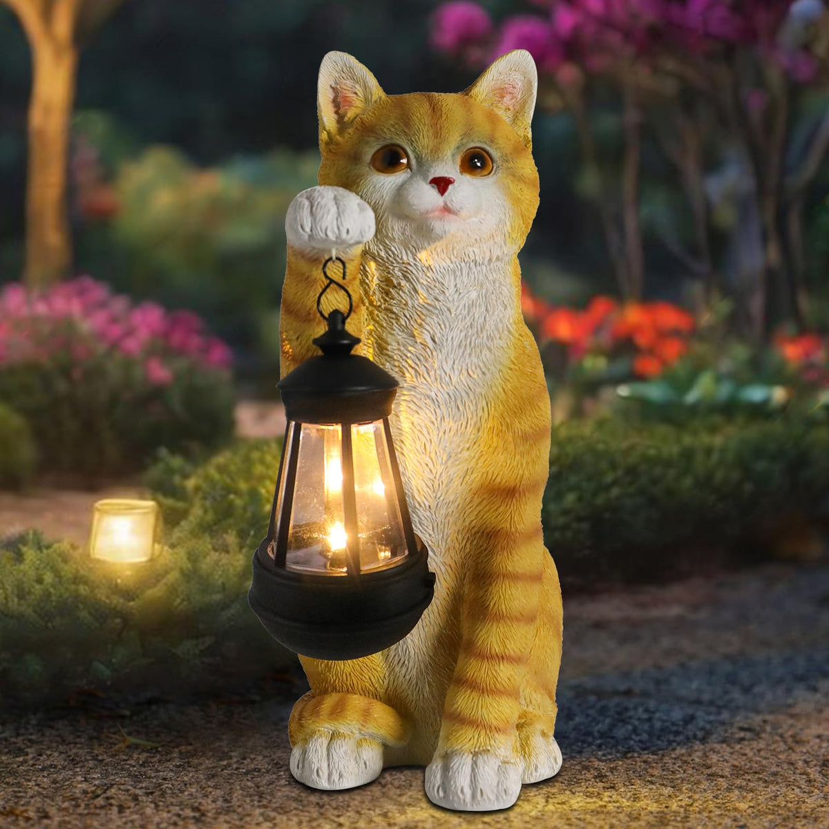 WONDER GARDEN front view orange cat statue showing lantern and friendly pose for curb appeal