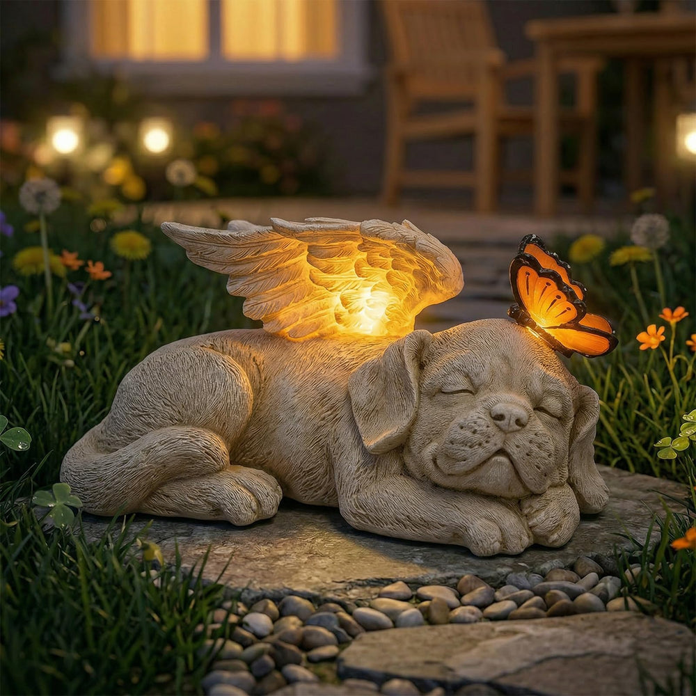 WONDER GARDEN front view of sleeping dog statue showing peaceful pose and memorial purpose