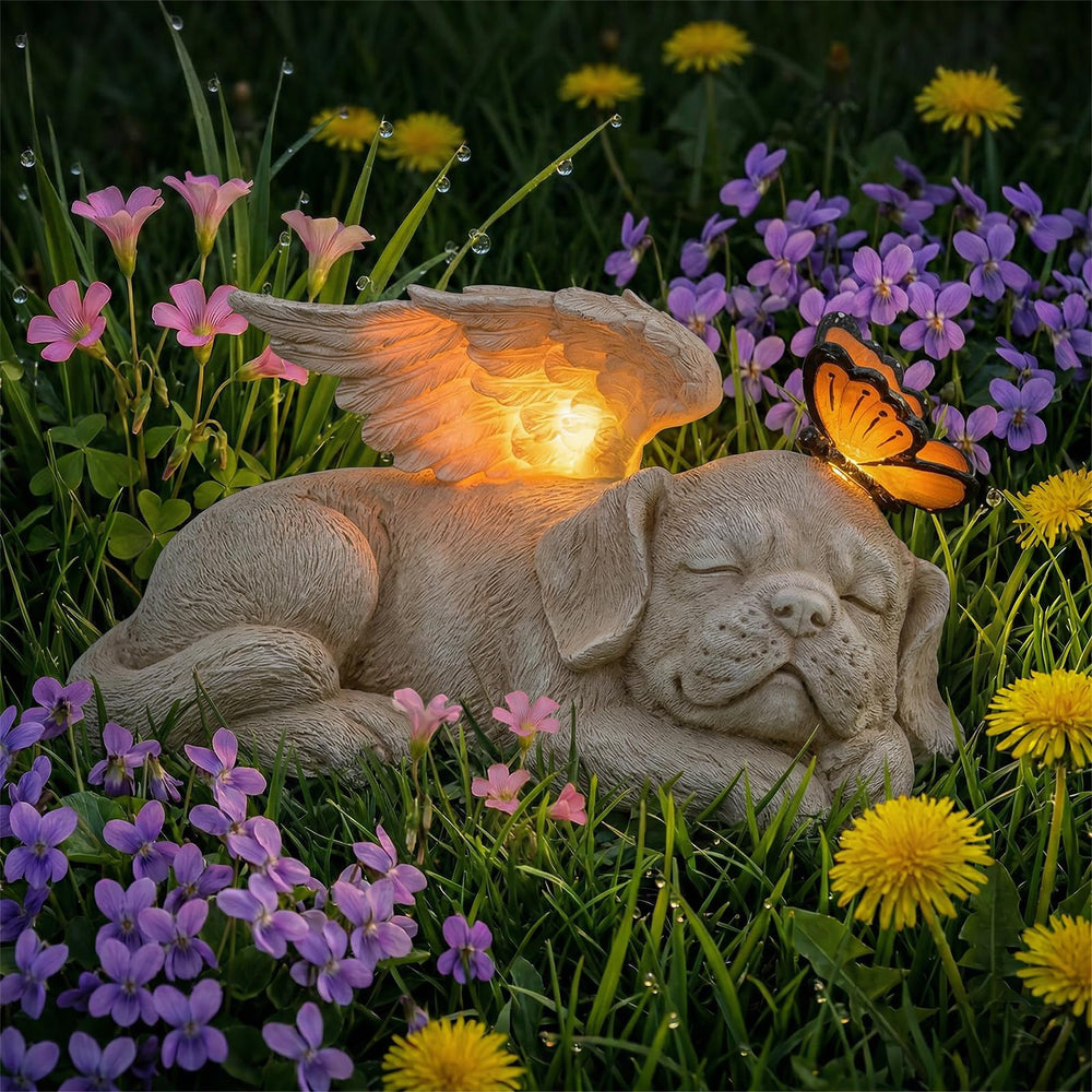 WONDER GARDEN statue placed in flower bed conveying integration with outdoor landscaping