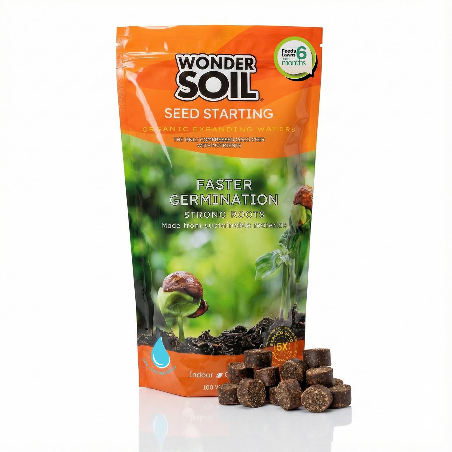 Wonder Soil front packaging showing 100 organic seed starter pellets and benefits
