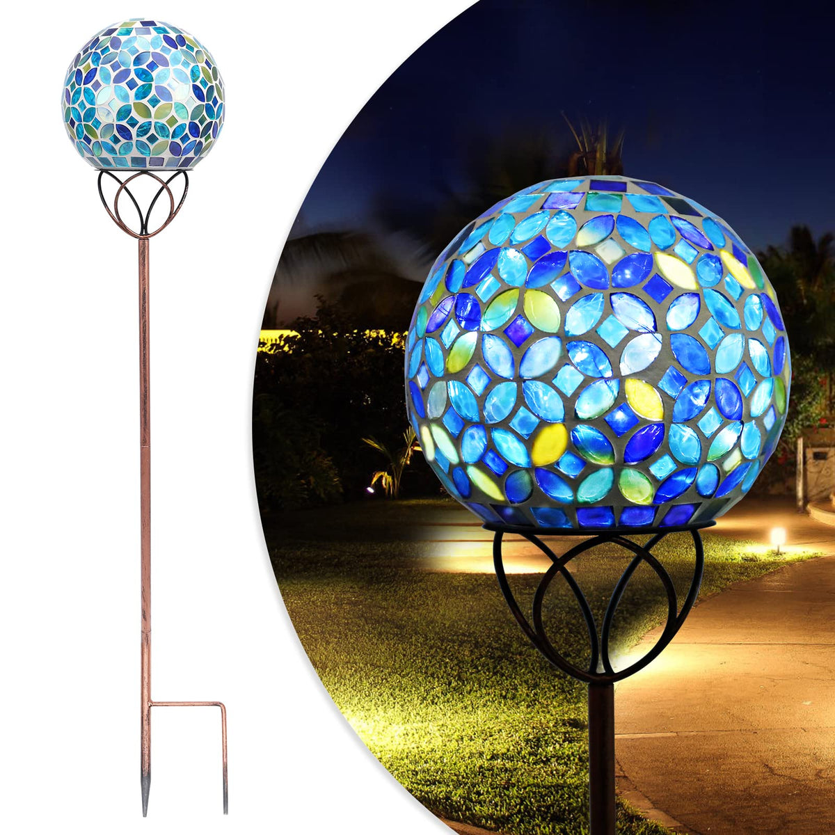 Wonder Solar front view of mosaic globe stake showing decorative garden accent