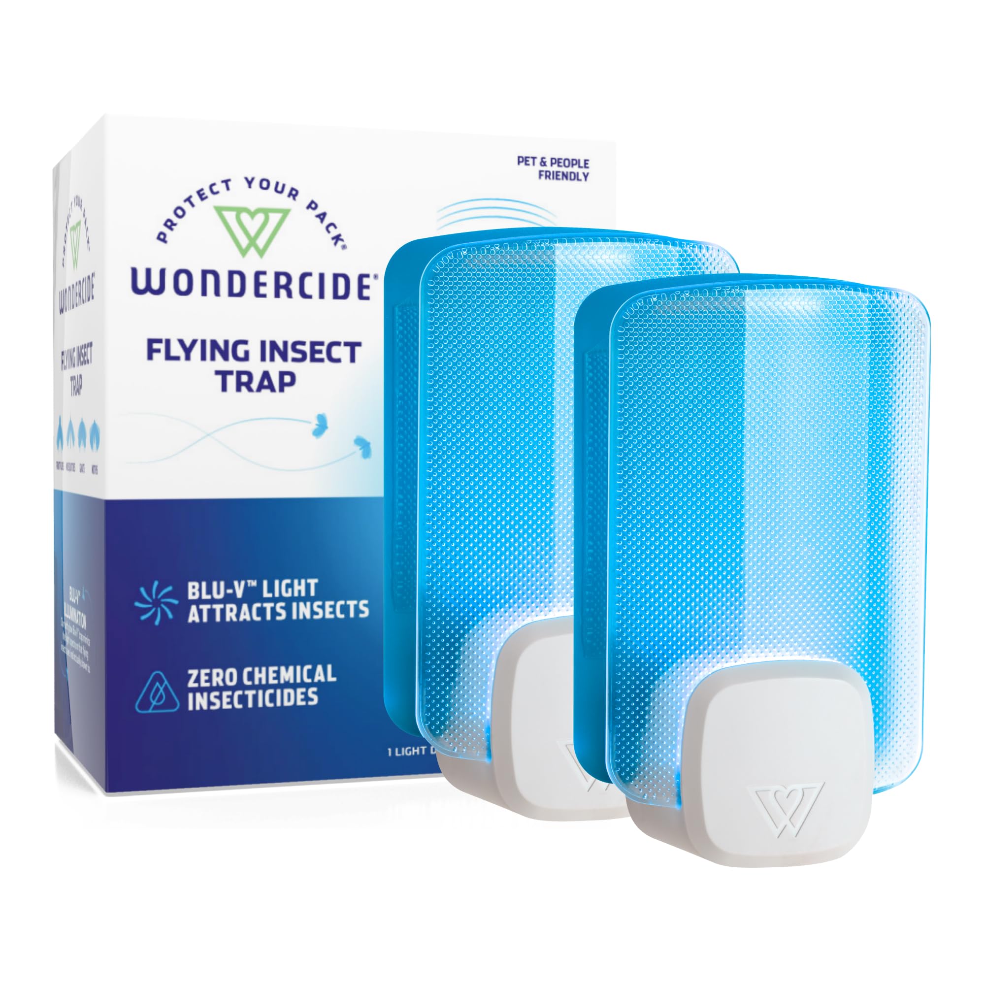 Wondercide front view of plug‑in trap showing slim design and Blu‑V light, for quiet pest control