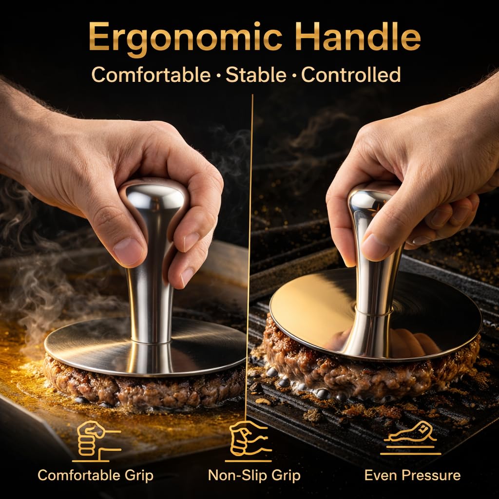 Wonderful Cuisine press flattening a patty on a hot griddle for fast, crispy edges