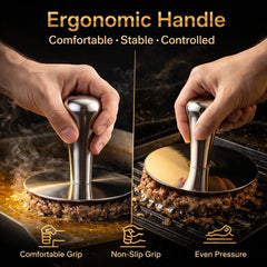 Wonderful Cuisine press flattening a patty on a hot griddle for fast, crispy edges