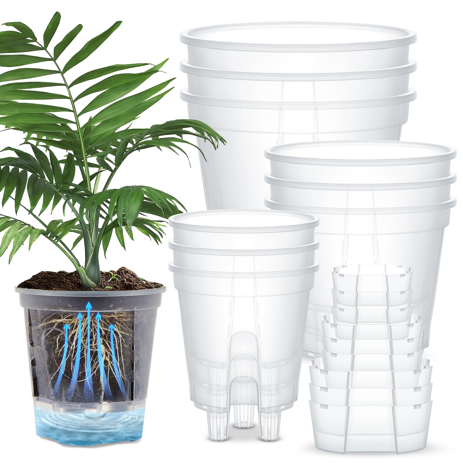 Wonderjune front view of 9-pack clear pots showing organized set and easy start