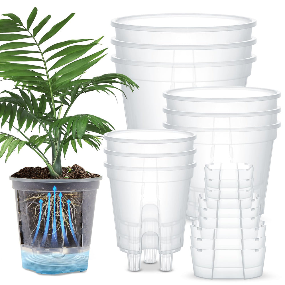Wonderjune front view of 9-pack clear pots showing organized set and easy start