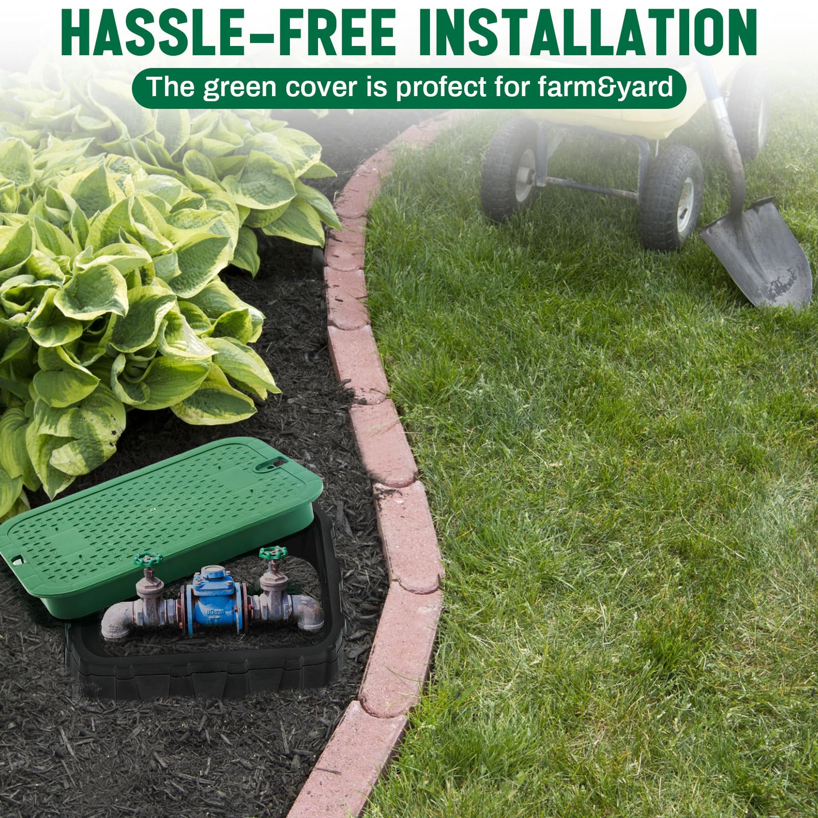 Wonderjune lid placed over water meter protecting irrigation components