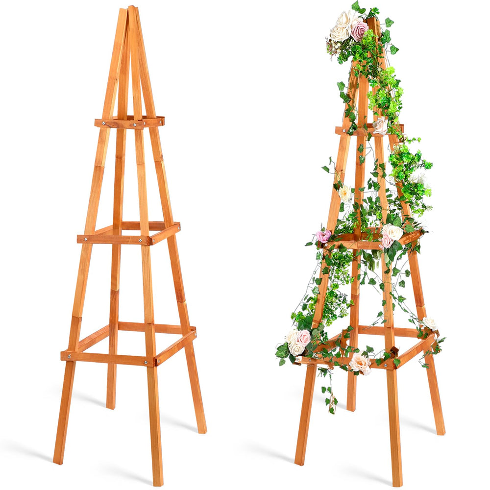 Wonderjune front view of tall wooden obelisk showing elegant garden support