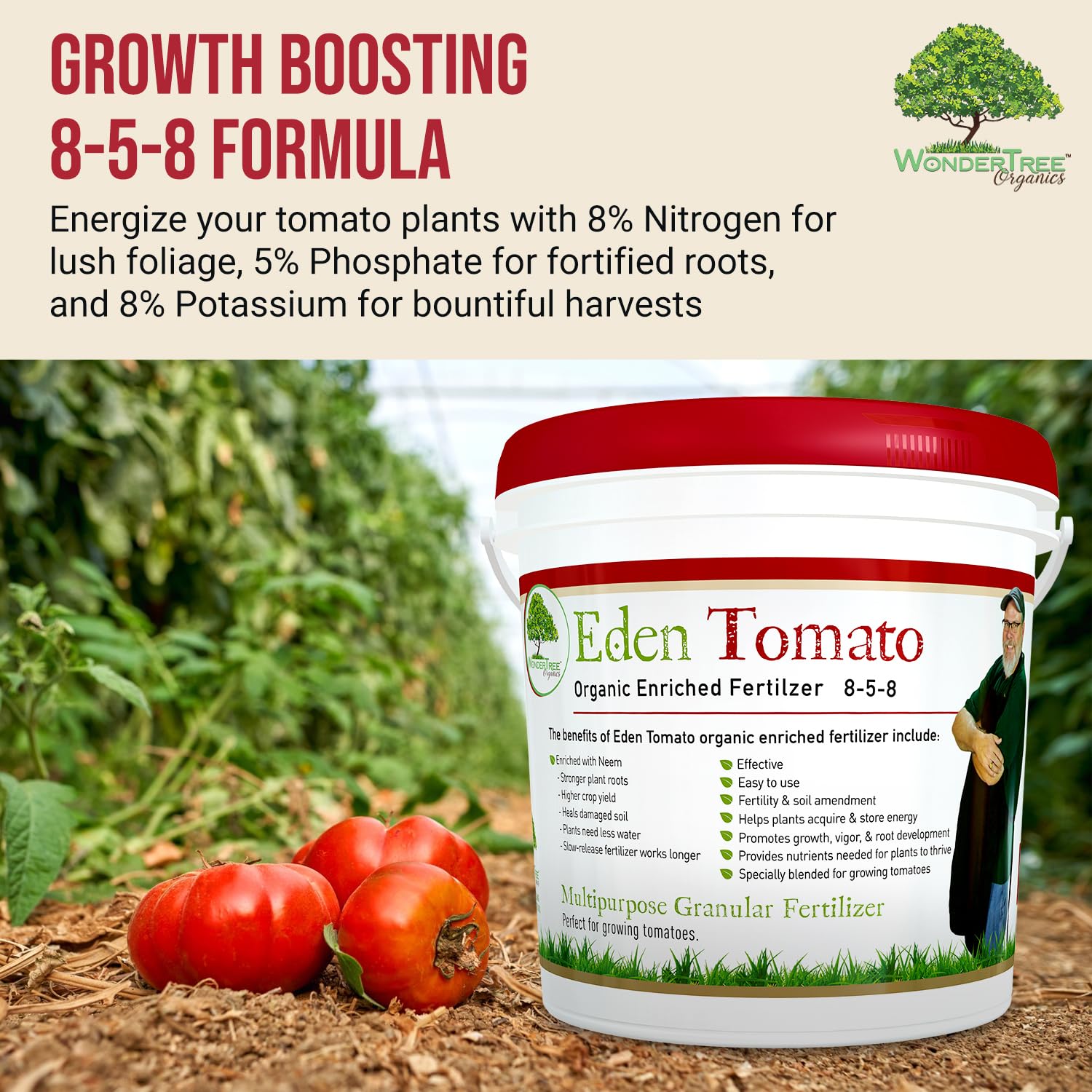 WonderTree Organics label close-up displaying 8-5-8 formulation details