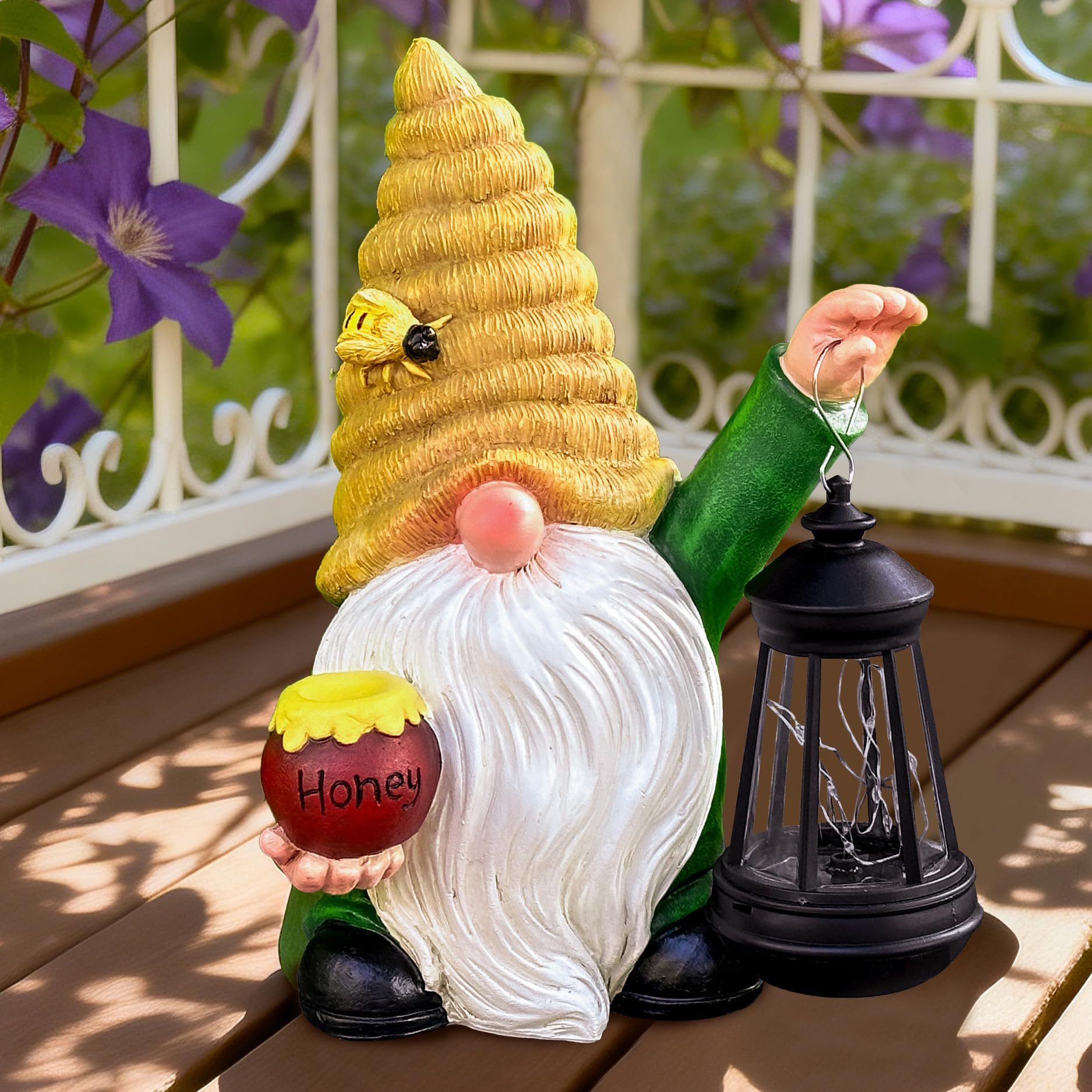 WONDHOME bee gnome lantern close-up highlighting solar panel and LED light