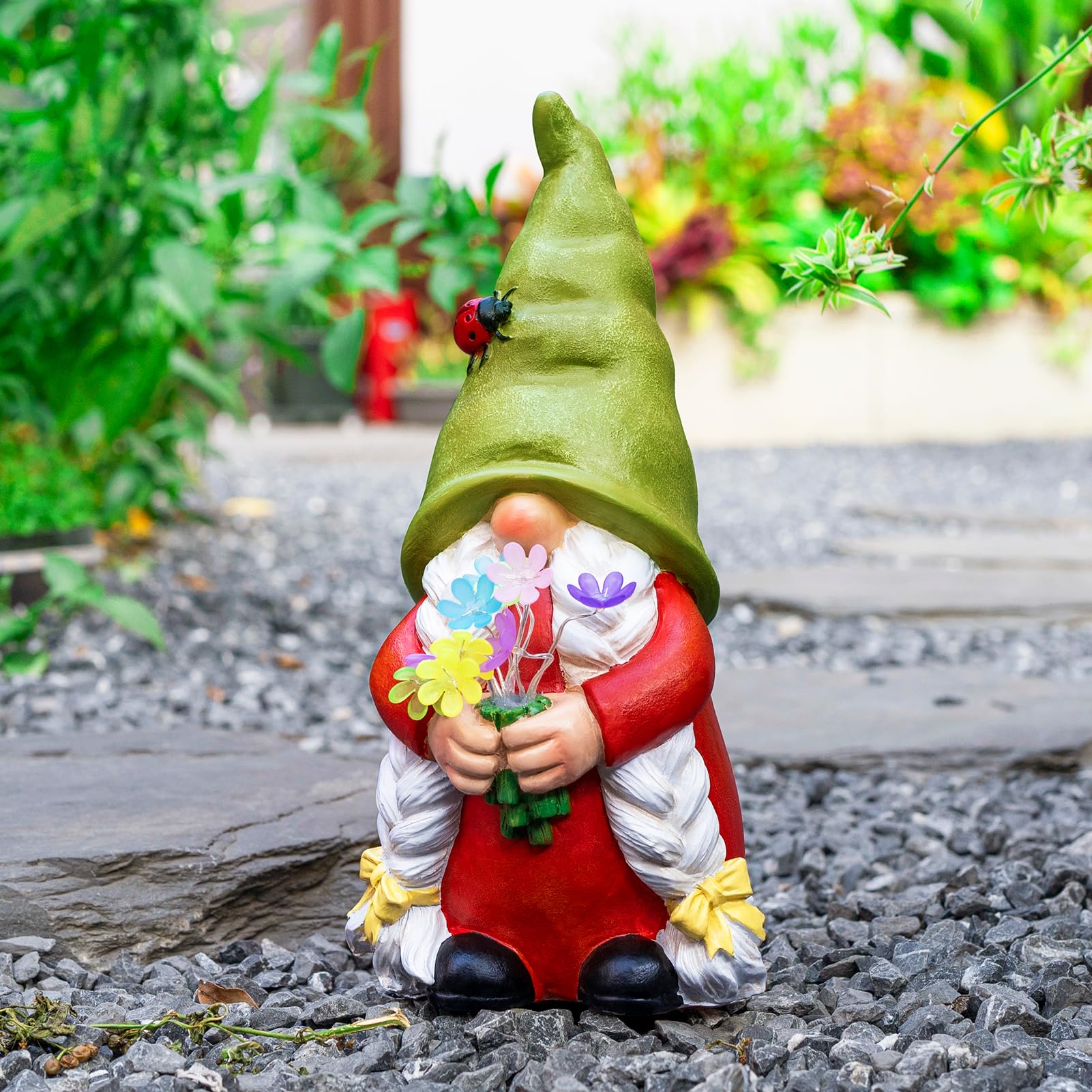 WONDHOME gnome closeup of glowing flowers highlighting night illumination benefit: soft ambient light