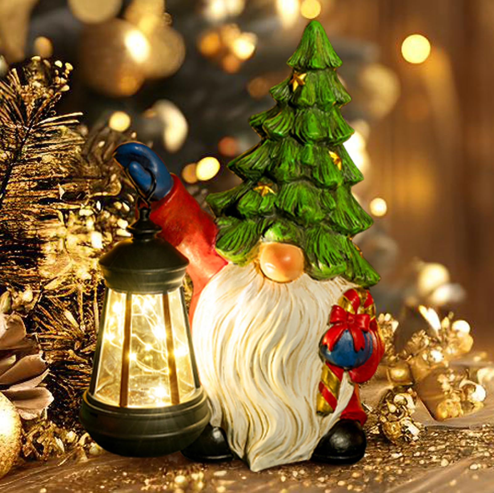 WONDHOME gnome front view showing holiday tree hat and candy cane, cheerful outdoor accent