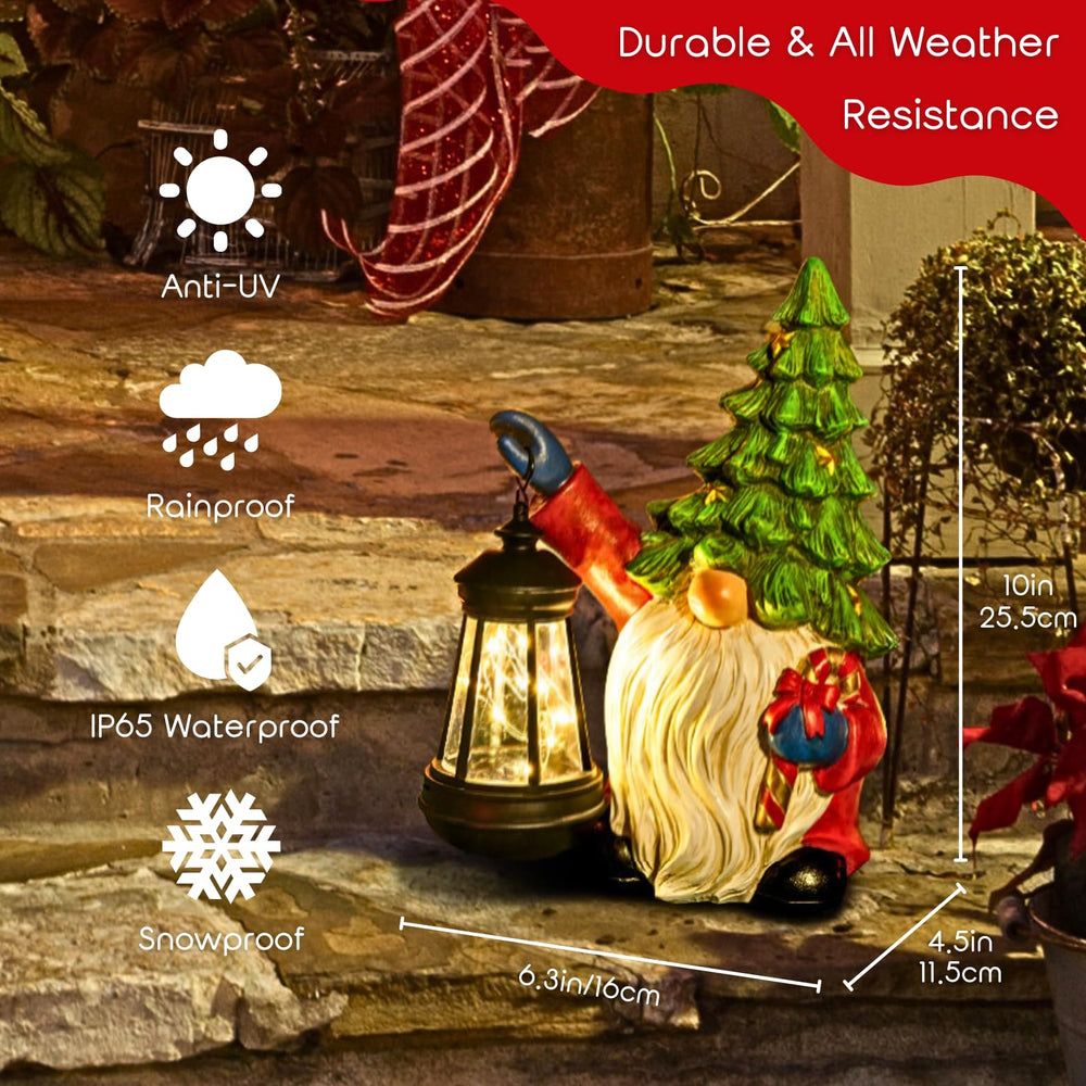 WONDHOME gnome lantern lit at night casting warm yellow glow, subtle pathway lighting